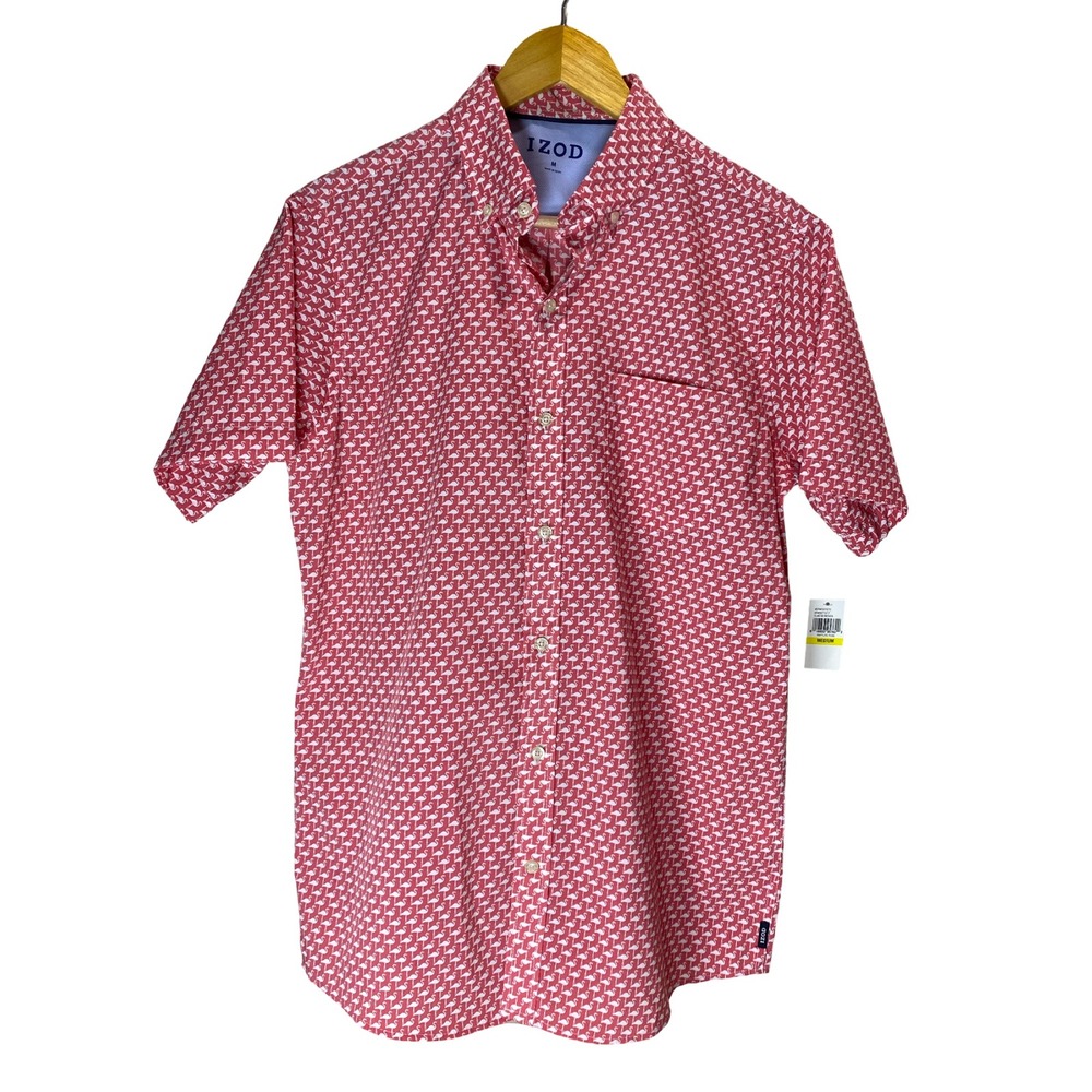 NWT IZOD Pink Flamingo Button Up Shirt Men's M CoolFX Golf Coastal Preppy resort